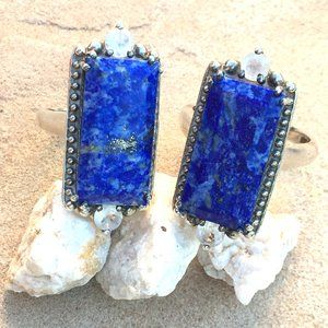 Natural Lapis & Moonstone .925 Statement Ring Sterling Silver Genuine Gemstones